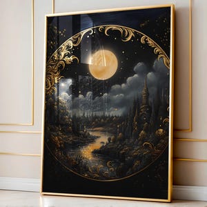 Enchanting Celestial Moon Art Print - Vintage-Inspired - Dark Academia, Dark Cottagecore, Night Sky Painting, Moon Art Print