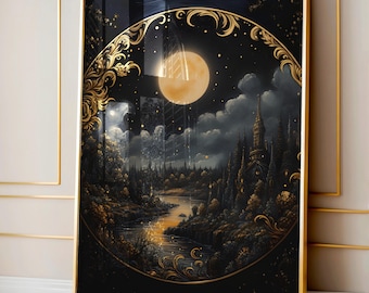 Enchanting Celestial Moon Art Print - Vintage-Inspired - Dark Academia, Dark Cottagecore, Night Sky Painting, Moon Art Print