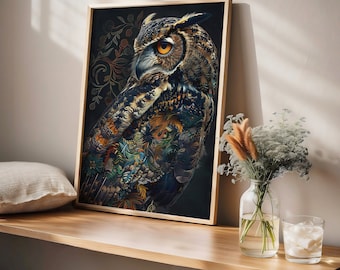 Williams Morris Inspired Eclectic Owl Art Print For Room Decor, Animal Portrait, Colourful Art, Cottagecore Vintage Floral Art