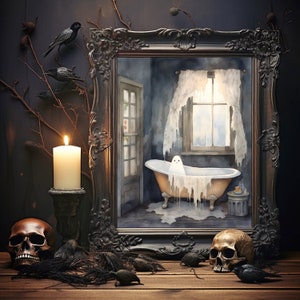 Ghost In Bathtub, Bubble Bath Ghost, Vintage Poster, Art Poster Print, Dark Academia, Haunting Ghost, Halloween Decor, DIGITAL DOWNLOAD