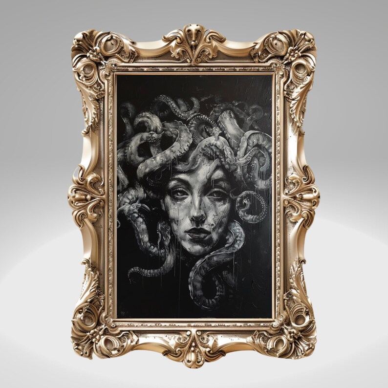 May include: A black and white painting of Medusa, a mythical Greek figure with snakes for hair, framed in a gold ornate frame.