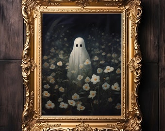 Dark Academia Decor, Ghosts Art Print, Halloween Art Print, Halloween Decor, Cute Ghost in Field, Spooky Vintage Halloween, Halloween Decor