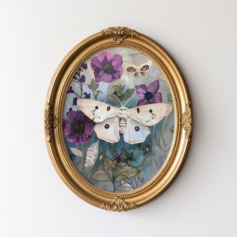 May include: A gold oval frame with a white butterfly and purple flowers on a blue background.