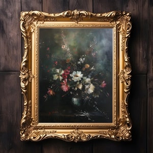 Flores escuras temperamentais para decoração de casa, arte de galeria de parede, arte vintage, estampa de flores, estampa floral escura, decoração de casa de fazenda, decoração de academia escura
