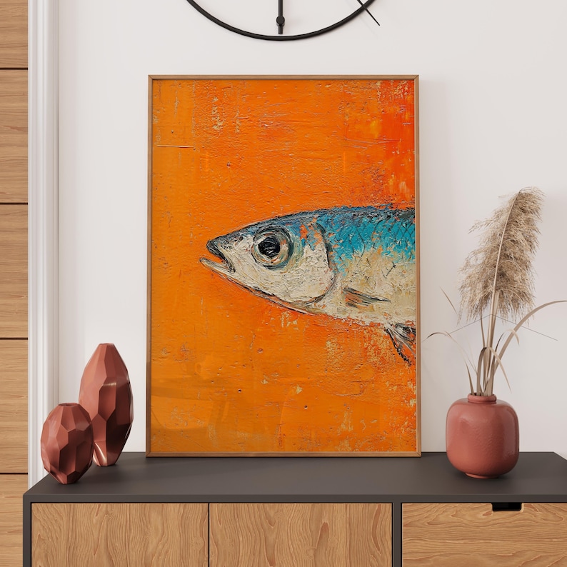 May include: A painting of a blue and white fish on an orange background. The fish is painted in a realistic style with visible scales and a large eye.