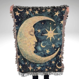 Enchanting Moon Woven Blanket or Tapestry, Mucha Art Tapestry Wall Art, Mystical Decor, Witchy Gift, Yoga Blanket, Wimsigoth, Hippie Gift image 1