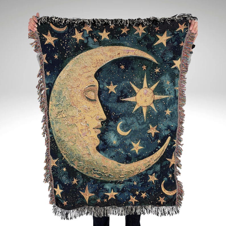 Enchanting Moon Woven Blanket or Tapestry, Mucha Art Tapestry Wall Art, Mystical Decor, Witchy Gift, Yoga Blanket, Wimsigoth, Hippie Gift image 1