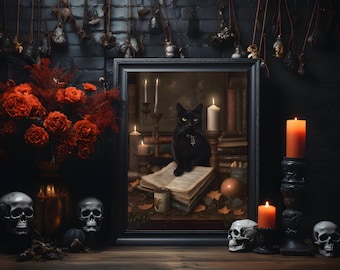 Impresión de gato negro, póster vintage, Dark Academia, gótico victoriano, arte de gato negro, decoración de brujas, impresión de póster artístico, descarga digital