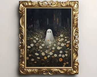 Dark Academia Decor, Ghosts Art Print, Halloween Art Print, Halloween Decor, Cute Ghost in Field, Spooky Vintage Halloween, Halloween Decor