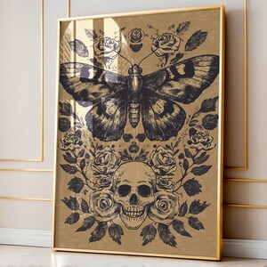 Impression d'art mural Mucha, papillon de nuit et tête de mort, impression d'art floral céleste cottagecore, haut mystique en phase de lune, décoration bohème, décoration Withchy