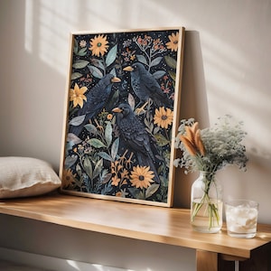 William Morris Inspired Raven Wall Art Print, Vintage Farmhouse Cottagecore Dark Academia Decor, Mid Century Botanical For Room Decor