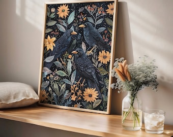 William Morris Inspired Raven Wall Art Print, Vintage Farmhouse Cottagecore Dark Academia Decor, Mid Century Botanical For Room Decor