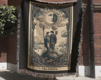 The Lovers Tarot Card Woven Blanket - Mucha Art Tapestry, Botanical Home Decor, Witchy Gift, Moody Blanket, Wimsigoth Wall Tapestry