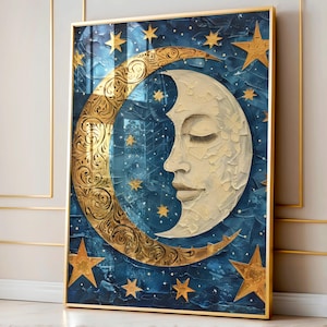 William Morris inspirierte Mond und Sterne Wand Kunst Druck für Raumdekoration, große Galeriekunst, Vintage Druck, Bauernhaus Druck Wandkunst Frühlingskunst