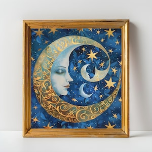 William Morris inspirierte Mond und Sterne Wand Kunst Druck für Raumdekoration, große Galeriekunst, Vintage Druck, Bauernhaus Druck Wandkunst Frühlingskunst