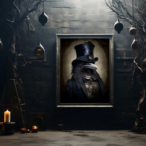 May include: A black raven wearing a top hat and a bow tie, framed in a black frame against a dark brick wall with hanging lanterns.