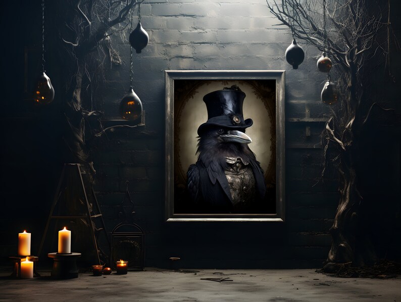 May include: A black raven wearing a top hat and a bow tie, framed in a black frame against a dark brick wall with hanging lanterns.