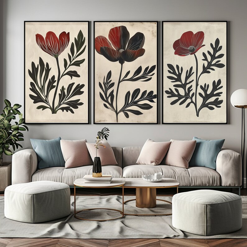 Wall Art Abstract Floral for Botanical Decor Set of 3 Prints Minimalist