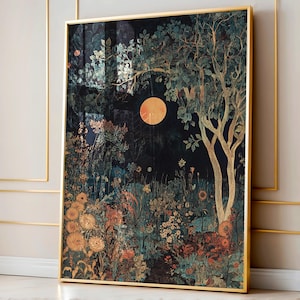 Moody Wall Art, decorazione Dark Academia, stampa artistica botanica ispirata a William Morris Moon Eclipse, decorazione Dark Cottagecore, decorazione Moody
