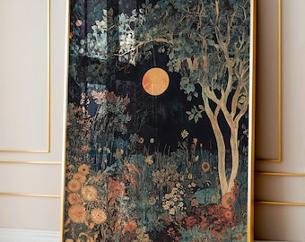 Moody Wall Art, Dark Academia Decor, William Morris Botanical Print, Dark Cottagecore Art, Gothic Moon Print, Witchy Wall Decor