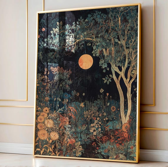 Moody Wall Art, Dark Academia Decor, William Morris Botanical Print, Dark Cottagecore Art, Gothic Moon Print, Witchy Wall Decor