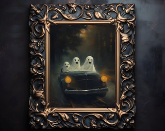 Ghosts Driving a Car, Sheeted Ghost Art Print, Cute Little Ghost Face Spooky Gothic Print, Abandoned Art, Dark Academia Room Decor