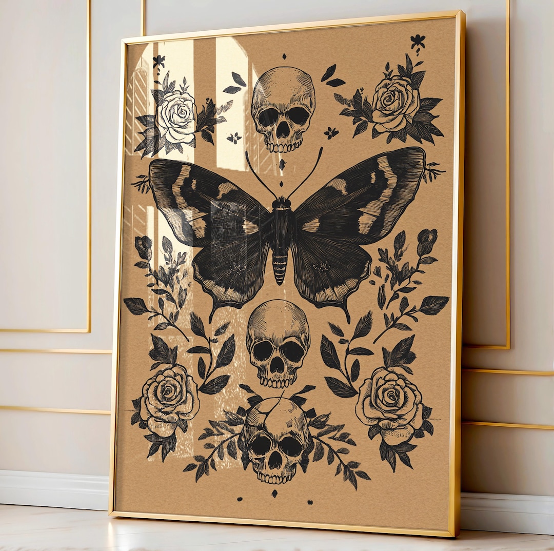 Mucha Art Moth and Skull Wall Art Print, Floral Celestial Cottagecore ...