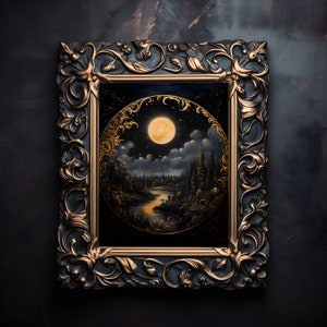 Enchanting Celestial Moon Art Print - Vintage-Inspired - Dark Academia, Dark Cottagecore, Night Sky Painting, Moon Art Print