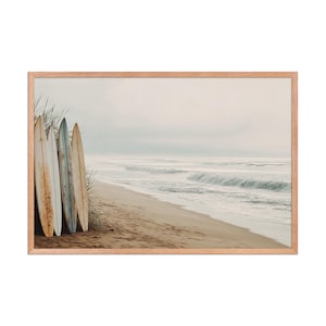 Surfboard Framed Print, Coastal Wall Art, Beach Photography, Boho Surf Decor, Ready to Hang Ocean Art, Black Frame Beach Print