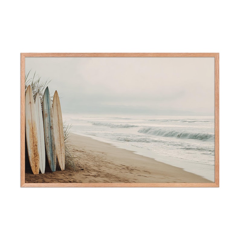 Surfboard Framed Print, Coastal Wall Art, Beach Photography, Boho Surf Decor, Ready to Hang Ocean Art, Black Frame Beach Print