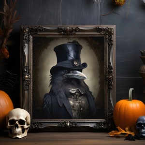 May include: A framed portrait of a black raven wearing a top hat and a waistcoat. The raven is perched on a dark background. The frame is ornate and has a gold finish. There are pumpkins and skulls in the foreground.