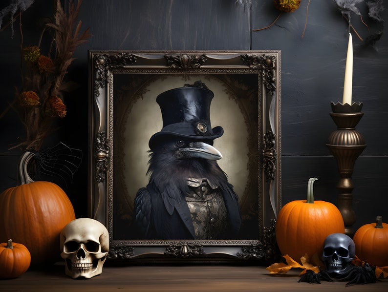 May include: A framed portrait of a black raven wearing a top hat and a waistcoat. The raven is perched on a dark background. The frame is ornate and has a gold finish. There are pumpkins and skulls in the foreground.