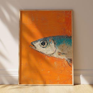May include: A close-up of a painting of a fish with a blue and white body on a bright orange background.