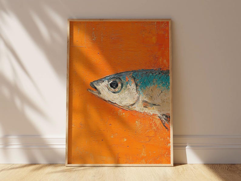 May include: A close-up of a painting of a fish with a blue and white body on a bright orange background.