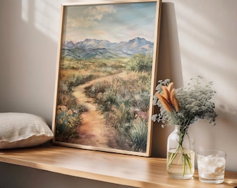 Paisaje occidental moderno de mediados de siglo, decoración retro colorida, decoración rústica texana, arte mural abstracto moderno, pintura de naturaleza del suroeste