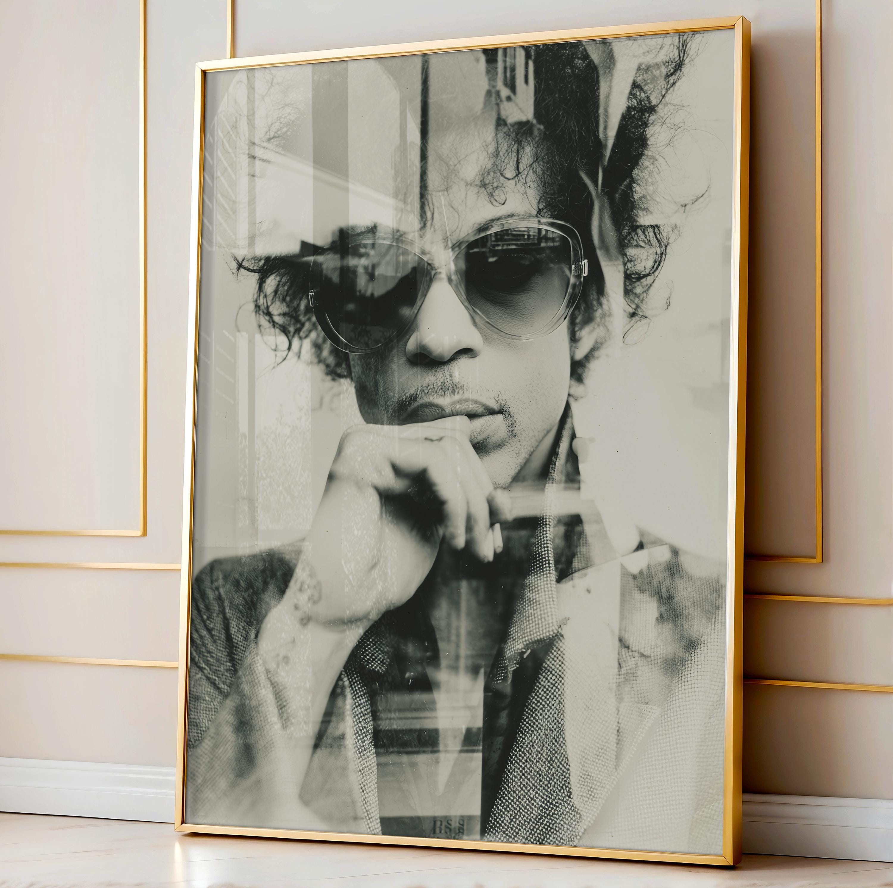 Prins posterprint, maximalistische muurkunst, zwart-wit decor voor thuis of op kantoor, moderne esthetiek, prins kunstprint, cadeau muziekliefhebber