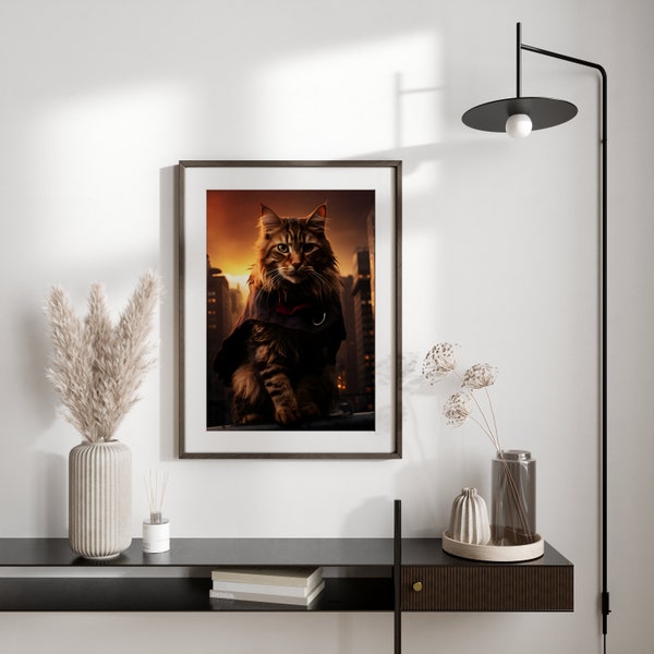 Serious Cat Poster Print - Moody Feline, Cat With Cape,  Wall Art for Cat Lovers