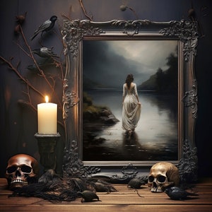 Walking Into The Lake - Dark Academia Print, Moody Victorian Wall Art, Dark Decor Aesthetic, Dark Cottagecore, Gothic Prints 24&quot;x36&quot;