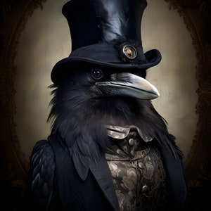 May include: A black crow wearing a black top hat with a gold embellishment, a black jacket, and a gold patterned waistcoat.