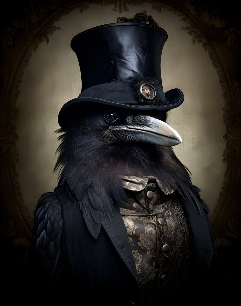 May include: A black crow wearing a black top hat with a gold embellishment, a black jacket, and a gold patterned waistcoat.