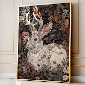 Impressão de arte de Jackalope, arte de parede de animais Dark Academia, pintura de coelho mágico da floresta, decoração Forestcore, estética Whimsigoth, presente gótico