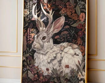 Jackalope Art Print, Dark Academia Animal Wall Art, Magical Woodland Jackrabbit Painting, Forestcore Decor, Whimsigoth Aesthetic, Goth Gift