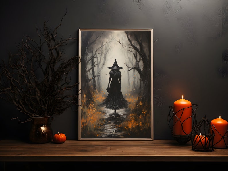 The Witch Twilight Dark Forest, Vintage Gothic Wall Art Print, Dark Academia Witchy Halloween Poster Gift, Halloween Gift image 5