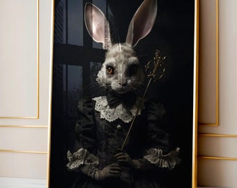 Dark Academia print, vintage poster, art poster print, gotische Victoriaanse kunst, &quot;konijn in een jurk&quot;, cadeaus voor haar en hem Halloweendecor