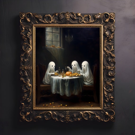 Ghost Eating Dinner Poster, Sheeted Ghost Art Print, Cute Little Ghost Face Spooky Gothic Print, Abandoned Art, Dark Academia Room Decor
