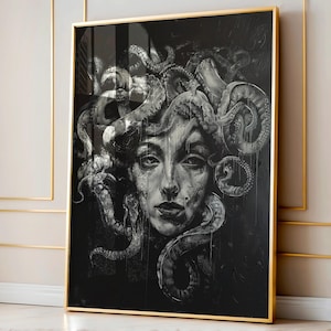 May include: A black and white illustration of Medusa, a mythical Greek figure with snakes for hair, depicted in a dramatic and stylized manner.