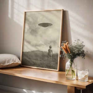 Weirdcore Decor, Creepy Art, Weird Art, Odd and Surreal Art, Macabre Artwork, Dark Art, Darkcore Decor, Child and UFO, Vintage Art