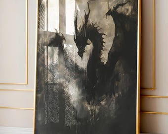 May include: A black and white abstract painting of two dragons in flight. The dragons are silhouetted against a light background, creating a dramatic effect.