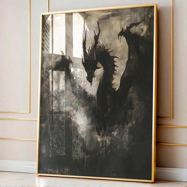 Dark Academia Print, Gothic Dragon, Vintage-Inspired, Dark Cottagecore, Dark Moody Landscape, Gothic Horror Wall Art, Dark Aesthetic Decor