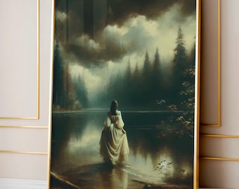 Walking Into The Lake - Dark Academia-print, humeurige Victoriaanse muurkunst, donker decor, esthetiek, donkere cottagecore, gotische prints